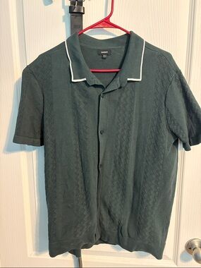Express Dark Green Short-Sleeve Knit Polo with White Trim